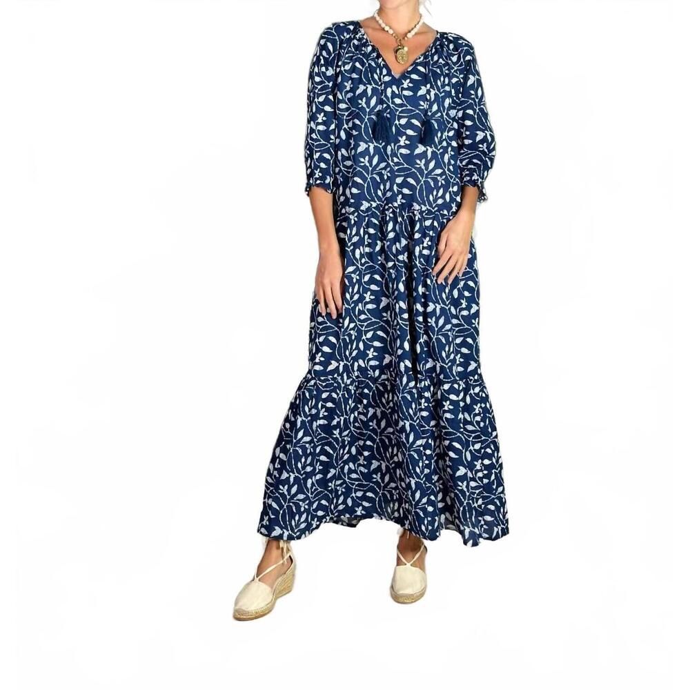 NEW JUST DARVINY raye v-neck long maxi dress in batik navy